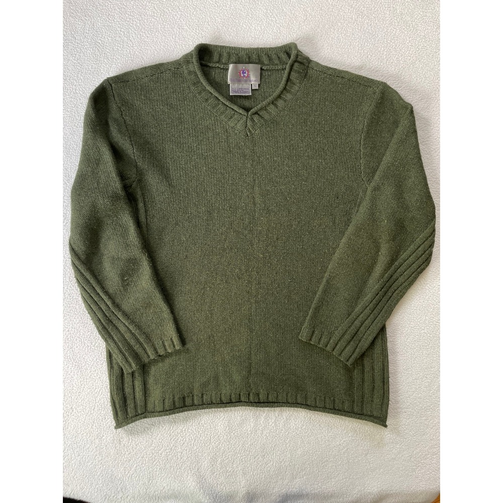 Vintage The Territory Ahead Mens Large V Neck Sweater Green Lambswool Roll Neck